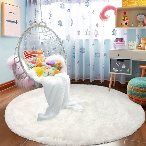 Round Cream Fluffy Rug - 3FT Super Soft Circle Rug for Kids & Nursery - Shaggy Plush Fuzzy Carpet for Boys & Girls Rooms