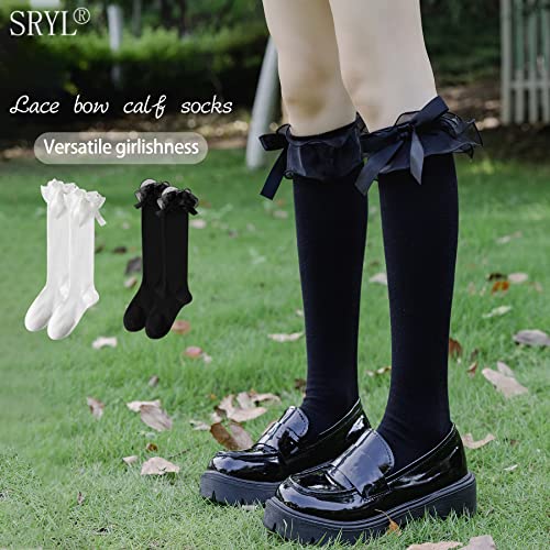 SRYL Women Girl's Cotton Knee High Socks with Lace Ruffle Trim Socks, Calf Socks Bow Style…2