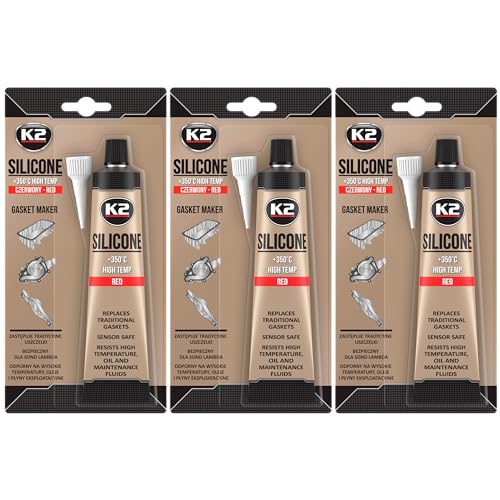 K2 Silicona de Juntas Motor Pack de 3 - Sellador de Silicona para Automoción - Alta Temperatura hasta 350° С - Color Rojo - B2400 Tubo 85g
