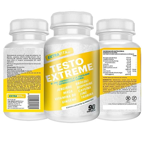 extraVITA- Potenciador y vigorizante masculino | Alta dosis de Maca Andina Pura | Más fuerza + duración + vigor | Taurina, Ginseng, Zinc, Vitamina B6| 90 cápsulas