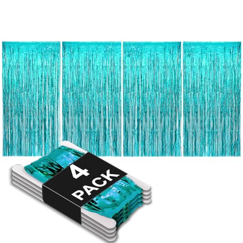 Allgala 4 Pack Turquoise Metalic Tinsel Party Photo Backdrop Curtain 3.3x6.6 FT (1x2M) Photo Booth Background Curtains Door Fringe Décor Party Streamer for Birthday Graduation New Year Eve