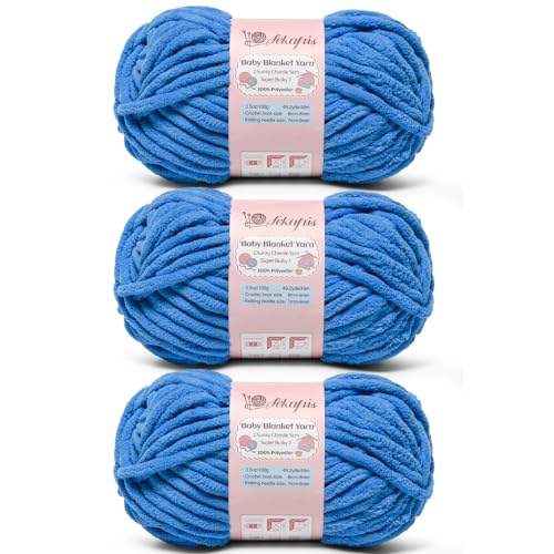 Image of 10.58 oz /147.6 yds Chunky Chenille Yarn for Crocheting, #7 Super Bulky Baby Blanket Yarn for Crocheting Soft, Fluffy Velvet Yarn for Knitting, Amigurumi Crochet Yarn for Crafts (3 Azure)