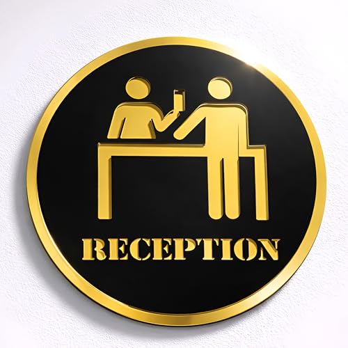 Image of Reception Round Acrylic Signage Sticker - Self-Adhesive Front Desk Sign for Office, Hotel, Clinic, Storefront & Business Spaces - Premium Black Gold Label for Glass & Smooth Surfaces