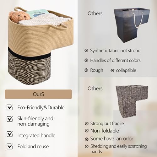 Image of Stair Basket for Wooden & Carpeted Stairs, Foldable Cotton Rope Step Basket with Handles, Staircase Storage Organizer, Brown&Black, 15 inch Lx 10 inch W x 15 inch H