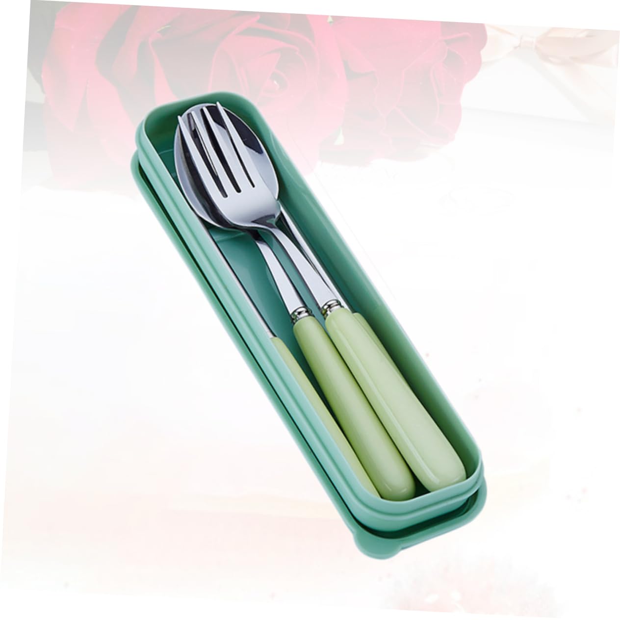 STOBAZA Stainless Steel Cutlery Set with Portable Case Fork Spoon Chopsticks Tableware for Travel Camping and Home Use Green Ceramic Finish