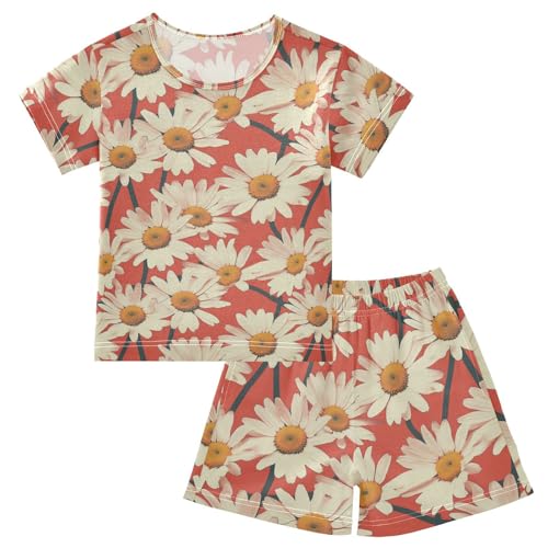ALAZA Daisy Flower Red Pajama Set Short Sleeve Sleepwear Soft Lounge Nightwear