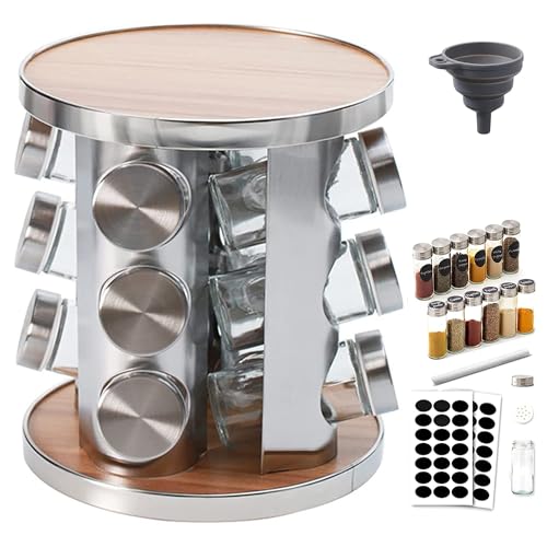 MANFÂ Présentoir à Épices,360°Étagères Rotatives,430 Acier Inoxydable Carrousel,Support de Stockage d'épices,12 Pots en Verre Épaissis avec...