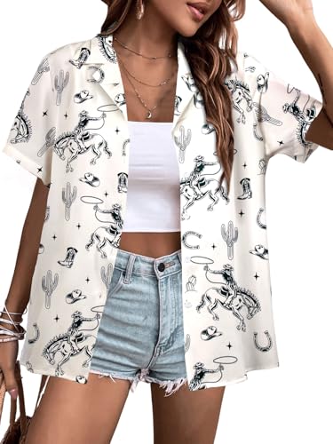 Western Button Down Shirt Women: Cowgirl Short Sleeve Boho Tops Hawaiian Tropical Graphic Tees Summer Vacation Outfit