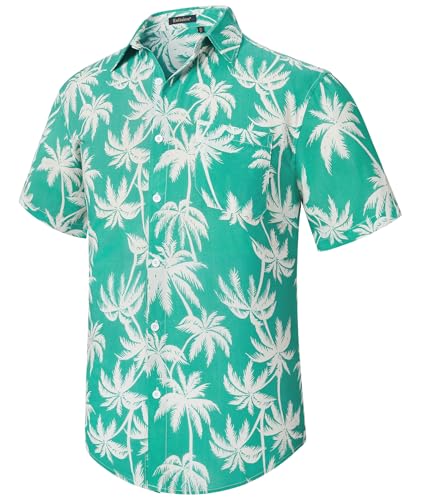 Enlision Camisas Hawaianas para Hombre, Camisa de Algodón de Manga Corta con Botón Informales de Verano con Flores Florales de Aloha para Vacaciones en La Playa Aqua Verde L