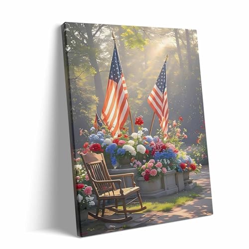 Image of Sunwes Memorial Day Canvas Wall Art, American Flag Rocking Chair and Morning Sunlight with Patriotic Flowers Print, Veterans Day Remembrance Wall Painting for Porch or Living Room 16x20inch