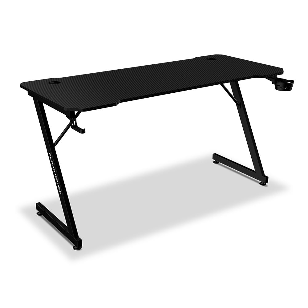 Alpha Gamer Gemina Black 140x60 cm – Escritorio Gamer con Soporte Auriculares, Portavasos, Gestión de Cables, Tapa Textura Carbono, Patas Ajustables – Negro