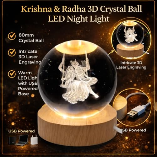 Image of 3D Radha Krishna Crystal Ball Night Lamp with Wooden Base, LED USB Decorative Light (Radha Krishan jula)