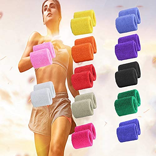 ZZBIQS 12Pairs Colorful Sports Wristbands Cotton Sweatband Wristbands Wrist Sweatbands Wrist Sweat Bands for Tennis, Sport, Basketball, Gymnastics, Golf, Running(8 x 7.5cm) - Image 2