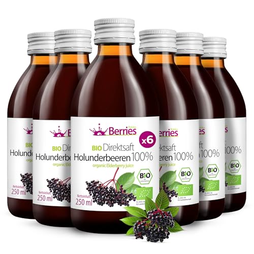BIO Holundersaft 6er Pack (6x250ml) - BIO purer Holunder-Direktsaft - 100% Kaltgepresst Holunderbeeren Muttersaft - ohne Zuckerzusatz ohne GMO ohne Konservierungsstoffe - Vegan- Öko - BerriesPolska