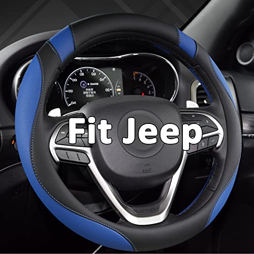 West Llama Customized Auto Car Steering Wheel Cover for Jeep 14.5-15 inches, Steering Wheel Cover for Jeep (Black+Blue - Standard Size)