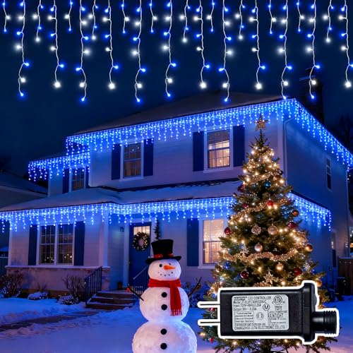Byizo Christmas Outdoor Icicle Lights - 480 Led 66+33 Ft 8 Modes Curtain Fairy String Light Plug In, Waterproof For Eaves Yard Holiday Xmas Holiday Indoor Outdoor Decoration - Blue White