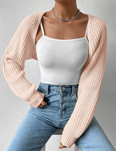 Image of Women's Long Sleeve Open Front Knitted Crop Cardigan Drop Shoulder Knit Bolero Shrug Sweater