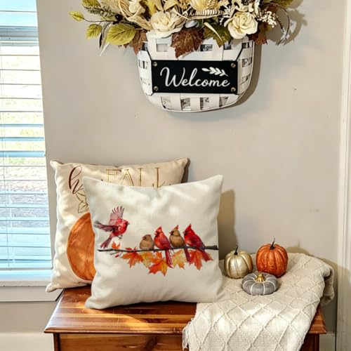 Image of Fall Pillow Covers 18x18 Inch Cardinal Birds Home Decor | Cardinal Birds Maple Leaves, Decorative Autumn Thanksgiving Harvest, Lumbar Cushion Case, For Home Sofa Couch