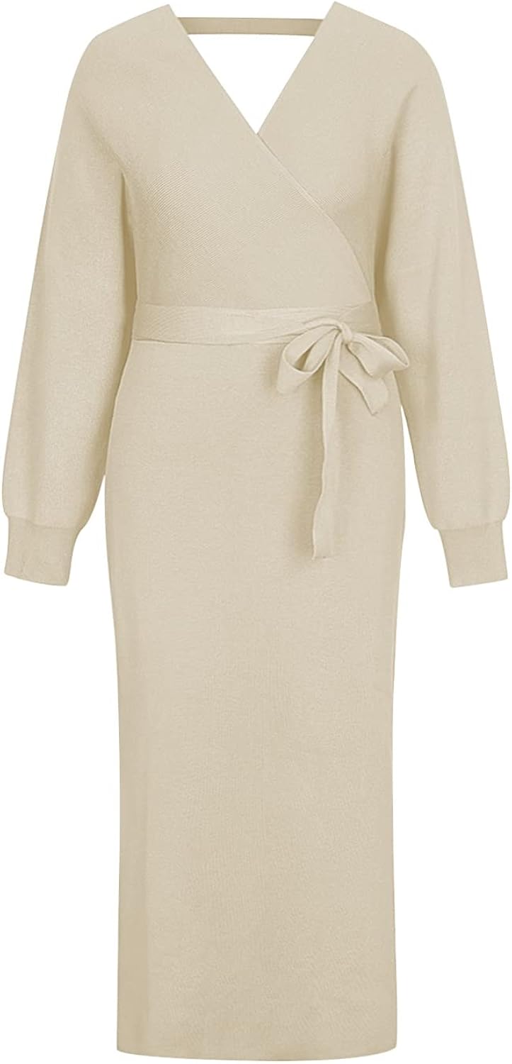 Fixmatti Women's Elegant V Neck Wrap Knit Dresses Batwing Sleeve