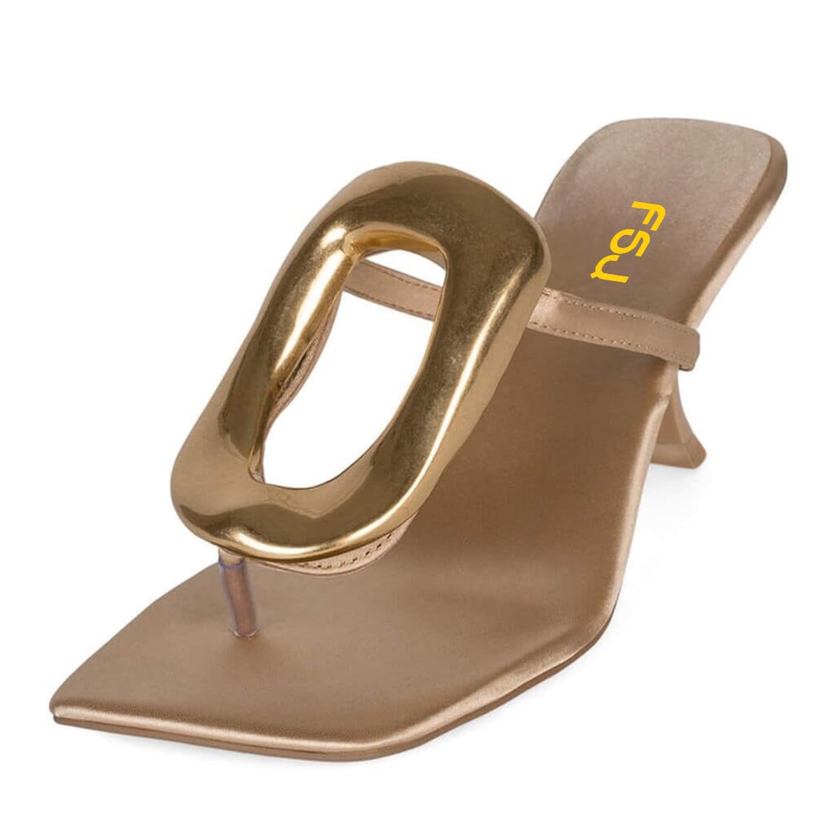 FSJ Women Chic Open Toe Kitten Heel Flip Flops Slip On Gold Detail Low Heeled Thong Sandals Casual Summer Beach Fashion Slides Size 4-16 US