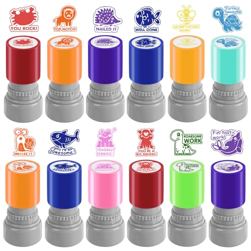 LOTMER 12 Pcs Teacher Stamps for Classroom, Self-Inking Rubber Colorful Stamps Classroom Rubber Stamp for Grading Homework Test Motivation Students Supplies