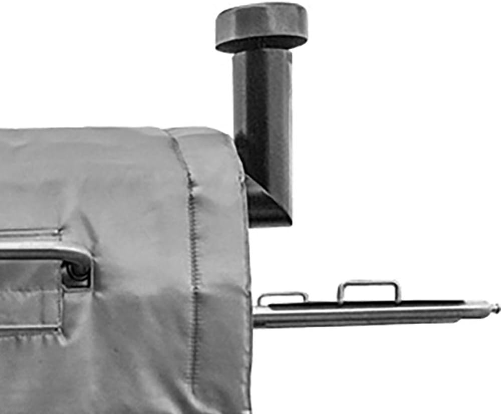 Side view of a grill with the insulated blanket installed, showing how it covers the side and allows for the smoke stack.