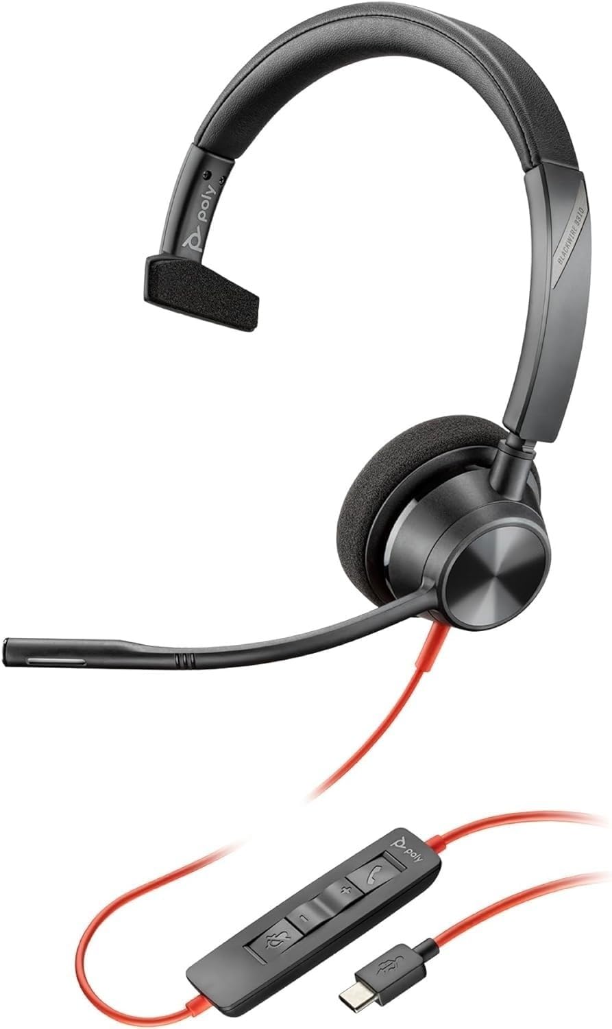 Poly Blackwire 3310, Cuffia Monoaurale Cablata con Connessione USB-A e USB-C, Cuscinetti in Similpelle, Riduzione del Rumore e dell'Eco, Comandi sul Cavo, Compatibile con Windows 10 e macOS, Nero