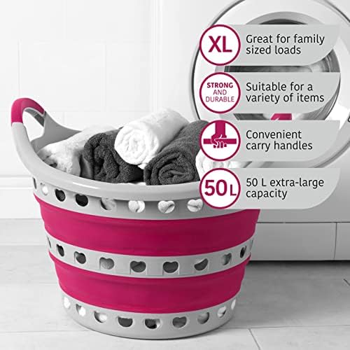 Kleeneze KL075130EU7 Space Saving Collapsible Laundry Basket with Carry Handles, Extra Large Capacity 50 L Perfect for The Launderette, Washed Or Hanging Clothes Grey/Pink