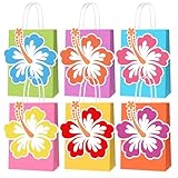 KERINGO 24 PCS Hibiscus Party Gift Bags Hawaiian Themed Paper with Handles Tropical Party Favors Gift Summer Beach Tiki Luau Treat Goodie Bags Hawaii Birthday Supplies