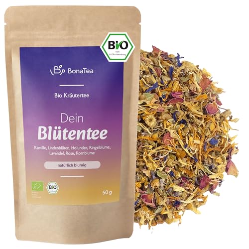 BIO Blütentee mit Lindenblüten Holunderblüten Ringelblumenblüten und weiteren aromatischen Blüten Farbenfroher Blütenmix 50g