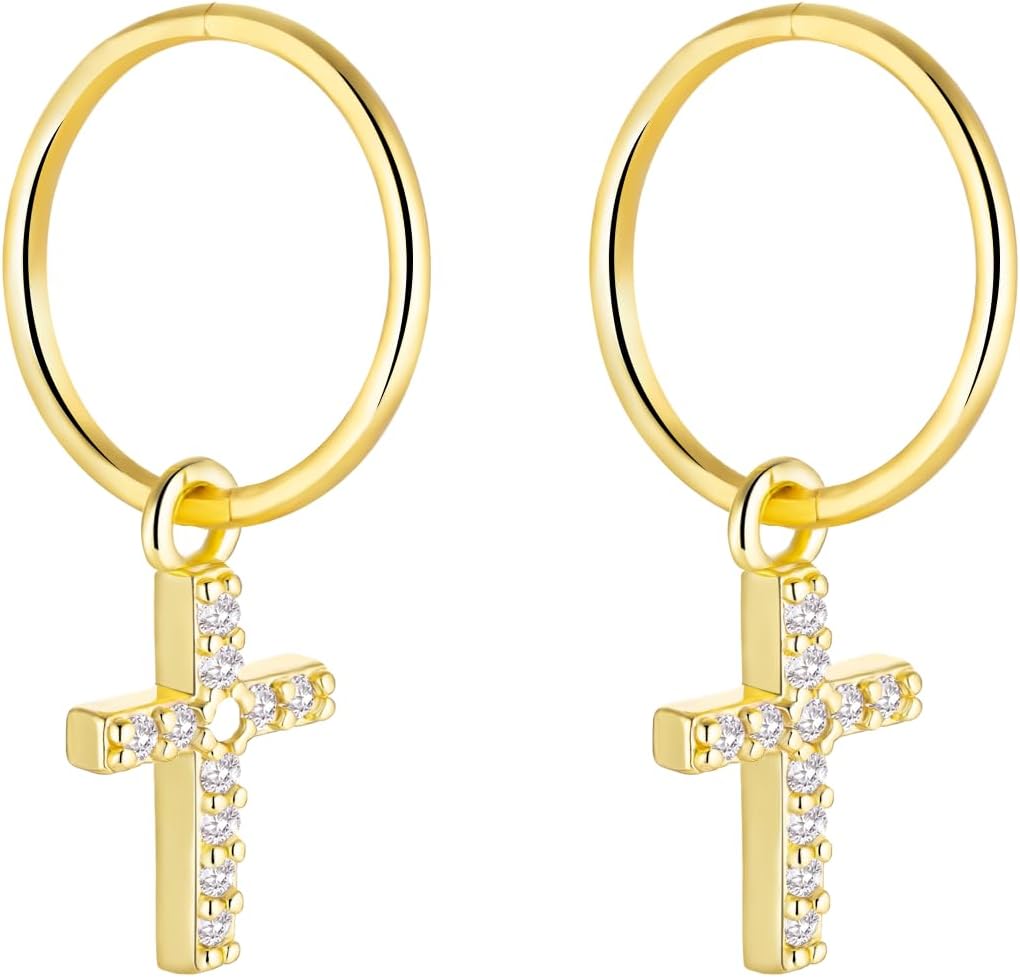 24K Gold Plated 925 Solid Sterling Silver Sleeper Huggie Hoop Charm Earrings For Women | Cross | Dainty Zirconia Earrings- Mini Cross Hoops