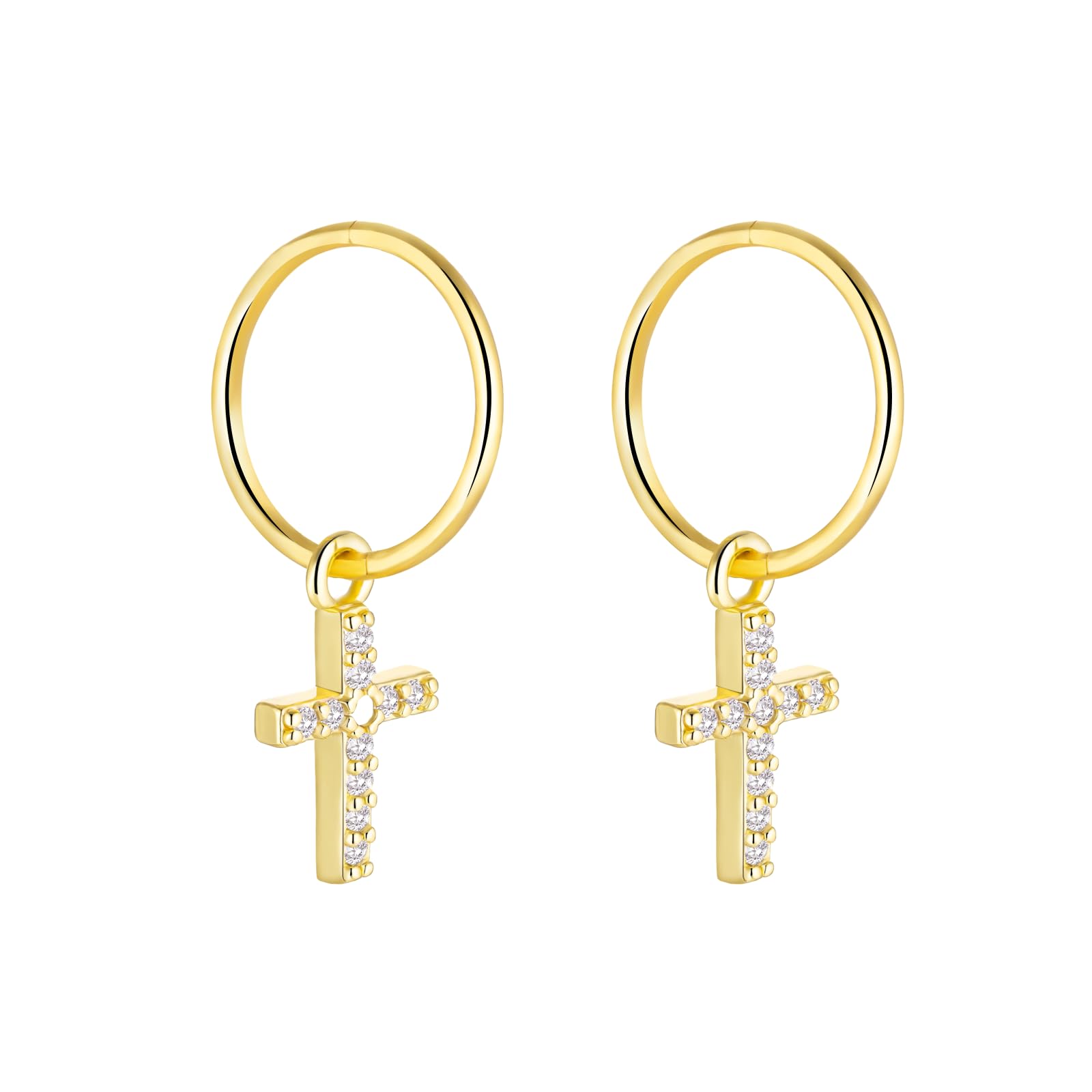 24K Gold Plated 925 Solid Sterling Silver Sleeper Huggie Hoop Charm Earrings For Women | Cross | Dainty Zirconia Earrings- Mini Cross Hoops