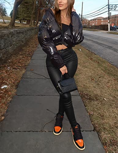 Uaneo Women's Cropped Puffer Jacket Winter Shiny Zip Up Short Bubble Puffy Coats2