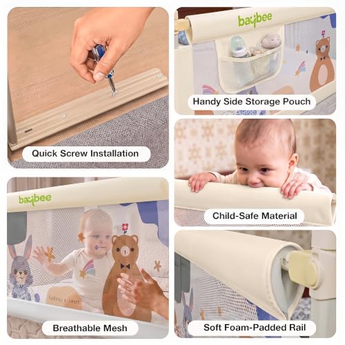 Image of BAYBEE Baby Bed Rail Guard (180x80cm) | Bed Railing for Baby Safety with 28 Height Adjustable Bedside Protector for Babies Falling | Foldable Bed Safety Guard for Kids (1 Side, (White /Beige)