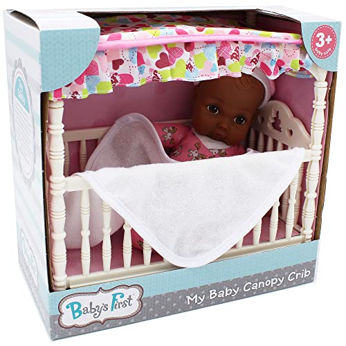 Cuna con Dosel y Muñeca de Cuerpo Suave de 9 Pulgadas miniatura 1