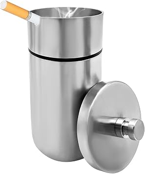 KVAEY Car Ashtray with Lid, Stainless Steel Durable Smokeless Smell Proof Ash Tray for Car Cup, Detachable Portable Windproof Extinguished Butt Bucket Ash Tray for Vehicle Home Office Silver, Large