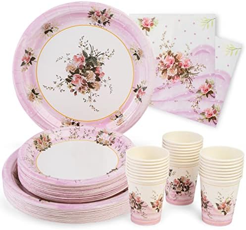 Royal Bluebonnet Tea Party Decorations -Set of 24- Pink Floral Paper Plates (7 & 9 Inch), Paper Napkins and Cups- Disposable Flower Dinnerware Set for Easter, Spring and Mother's Day Parties