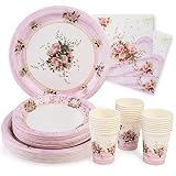 Royal Bluebonnet Tea Party Decorations -Set of 24- Pink Floral Paper Plates (7 & 9 Inch), Paper Napk