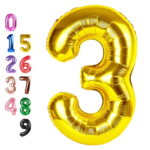 Image of Number Balloons 3 Balloon Gold for 3rd Birthday Party Decoration, 40 inch | Saturated Color, Large 40 inch, With Straw & Hanging Holes, For Back-To-School Season, Thanksgiving, Christmas, New Year