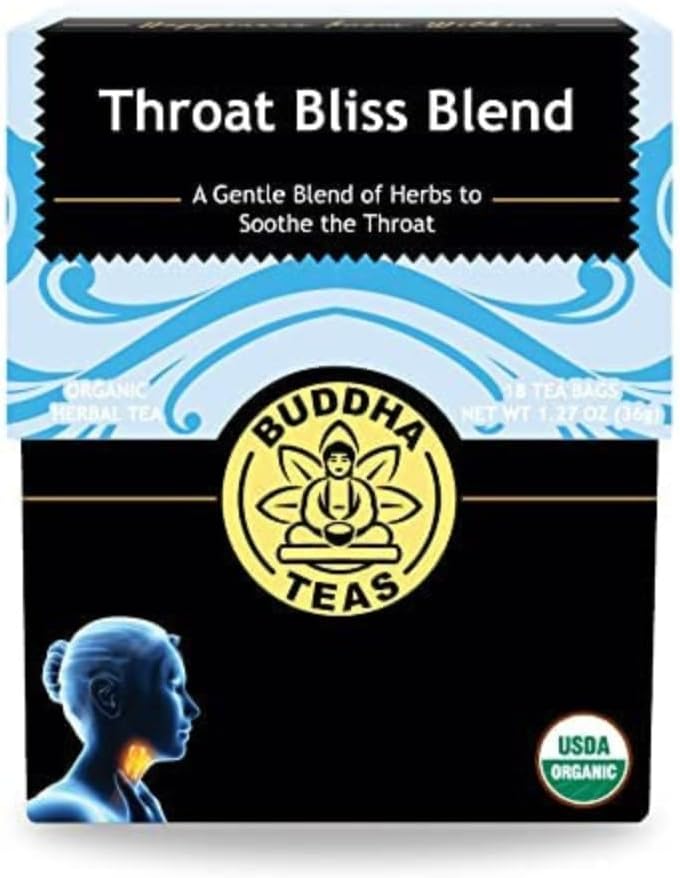 Buddha Teas - Organic Throat Bliss Blend - Herbal Tea - For Health & Wellbeing - With Antioxidants & Minerals - Clean Ingredients - Caffeine Free - OU Kosher & Non-GMO - 18 Tea Bags (Pack of 1)