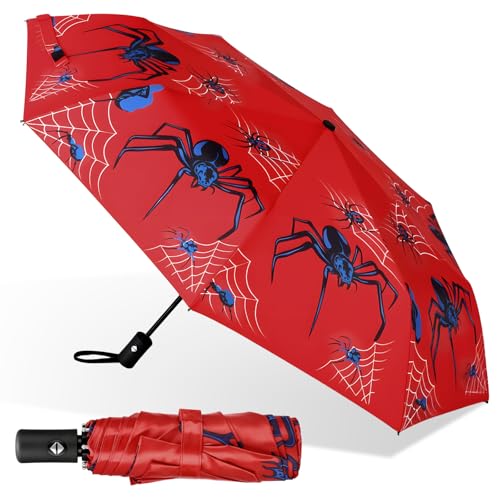 Aliceset Automatic Umbrella for Adults Red Black Spider Printed Folding Telescopic Umbrella Travel Work Gifts