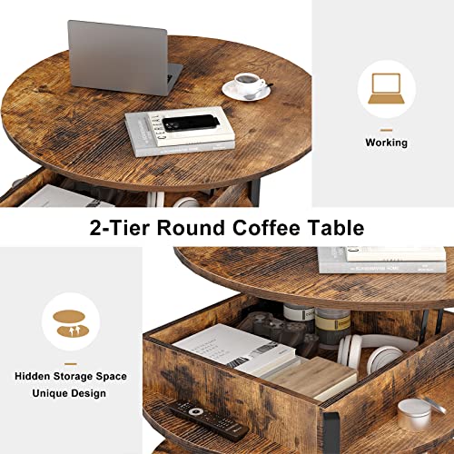 Fabato Round Lift Top Coffee Table For Living Room, 33.54'' Round Coffee Table With Storage And Hidden Compartment, 2 Tier Small Farmhouse Coffee Table Round Dining Table, Rustic Brown #TOP4
