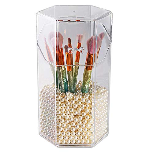 AIYoo - Organizador de brochas de maquillaje, transparente, resistente al polvo, sin perlas, para15 - 20 pinceles, plástico, Perla blanca con soporte., 21.5*12.5cm,8.5*4.9inch