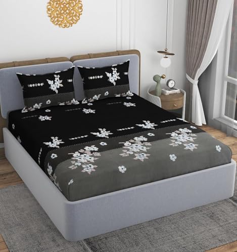 Image of VOMZER Premium 320 TC Fitted Bed Sheet with Full Elastic - Deep Pocket Design - Wrinkle Resistant Fitted Bedsheet 60x78 Queen Black Cream