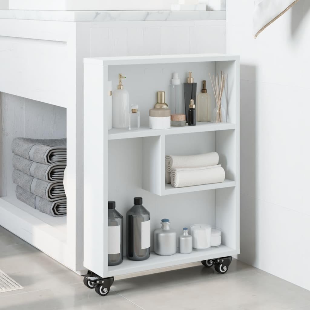 Carro de almacenamiento estrecho blanco, 48 x 13 x 68 cm, de material de madera, con ruedas con frenos, carrito auxiliar versátil para cocina, baño, oficina