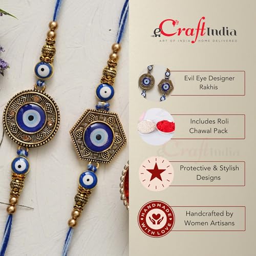 Image of eCraftIndia Set of 2 Evil Eye Designer Rakhis for Brother with Roli Chawal Pack | Raksha Bandhan Rakhi