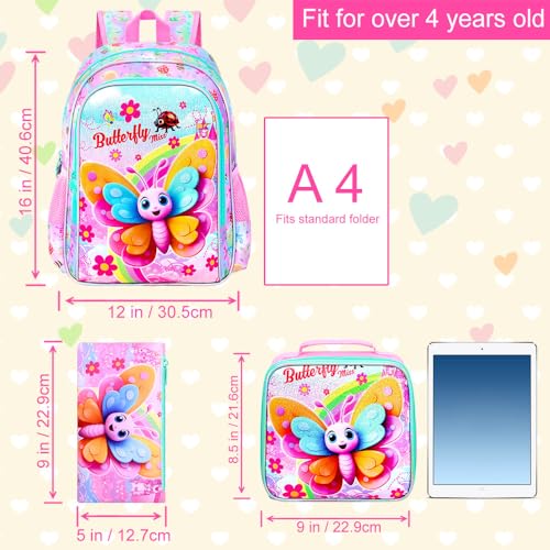 AGSDON 3PCS Girls Butterfly Backpack, 16" Kids Backpacks and Lunch Bag Set for Girls, Water Resistant Elementary Bookbag for Toddler4