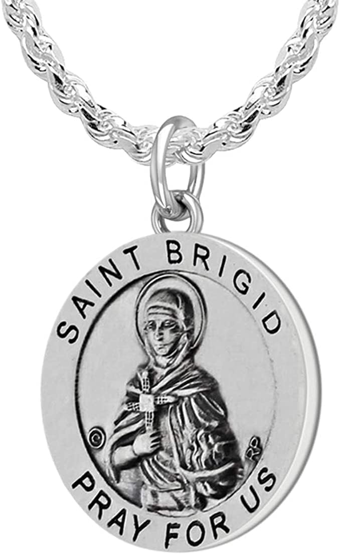 US Jewels Ladies 925 Sterling Silver 18.5mm Saint Brigid Medal Pendant Necklace, 18in to 24in