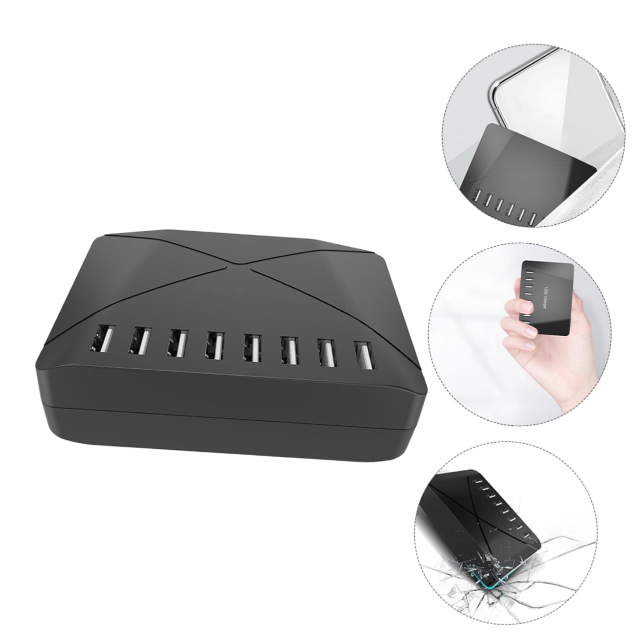 Caricatore Multi Porta USB Portatile 40w per Telefono e Diffusori | Riconoscimento Automatico, Design Salvaspazio, Abs Nero, per Comodino e Zona Tv