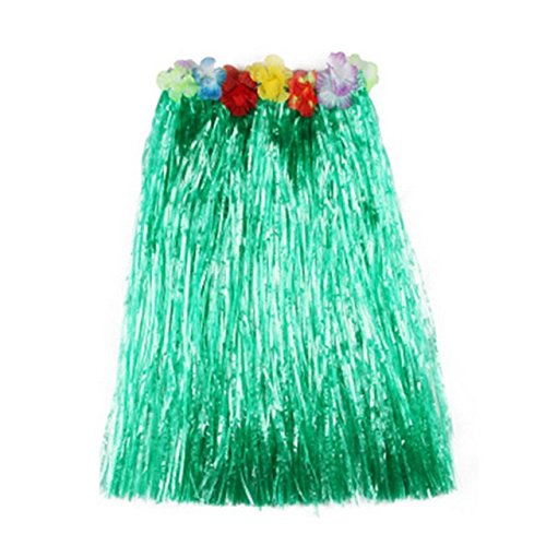 Hawaian Hula Grass Skirt and Flower Leis Costume Set for Ladies Luau Fancy Dress Costume (Green, Short (40 cm)) - Image 2
